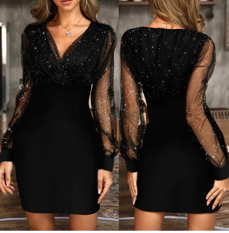 Dress V Neck Sheer Long Sleeve Knee Length Slim Fit Polyester Sexy Party Chic Style - SN Wigs & More