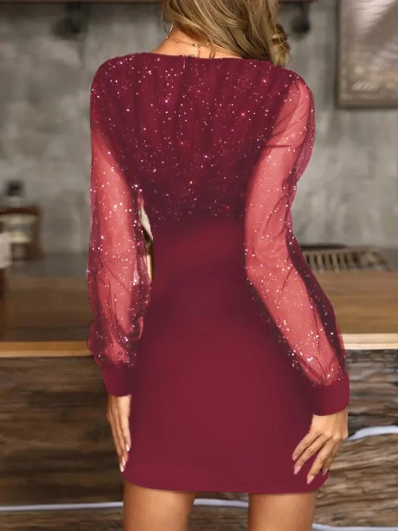 Dress V Neck Sheer Long Sleeve Knee Length Slim Fit Polyester Sexy Party Chic Style - SN Wigs & More