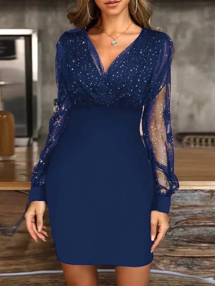 Dress V Neck Sheer Long Sleeve Knee Length Slim Fit Polyester Sexy Party Chic Style - SN Wigs & More