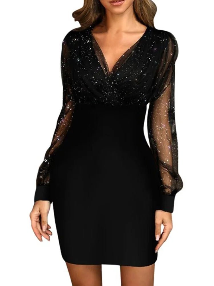 Dress V Neck Sheer Long Sleeve Knee Length Slim Fit Polyester Sexy Party Chic Style - SN Wigs & More