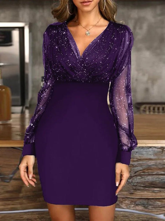 Dress V Neck Sheer Long Sleeve Knee Length Slim Fit Polyester Sexy Party Chic Style - SN Wigs & More