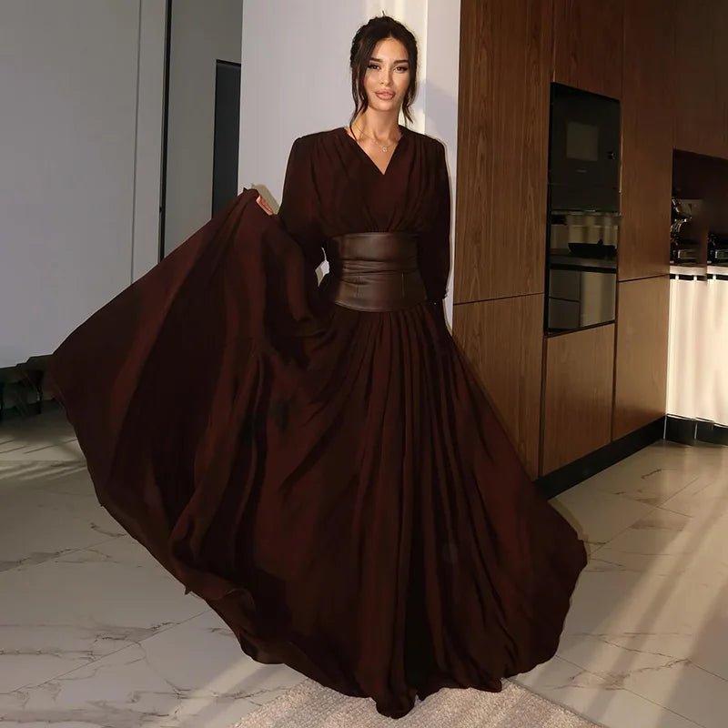 Dress With V Neck And Side Slit Long Sleeves Retro Elegant Autumn Party Style For All Occasions - SN Wigs & More