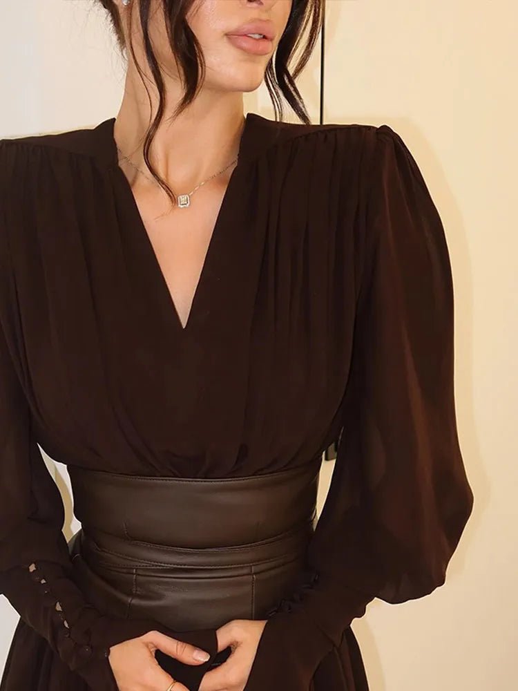 Dress With V Neck And Side Slit Long Sleeves Retro Elegant Autumn Party Style For All Occasions - SN Wigs & More