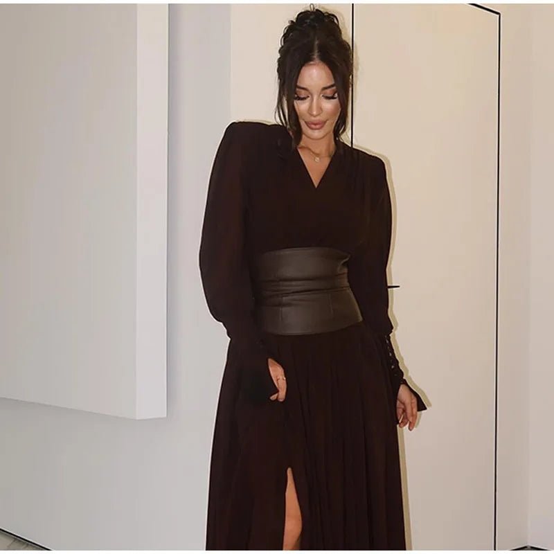 Dress With V Neck And Side Slit Long Sleeves Retro Elegant Autumn Party Style For All Occasions - SN Wigs & More