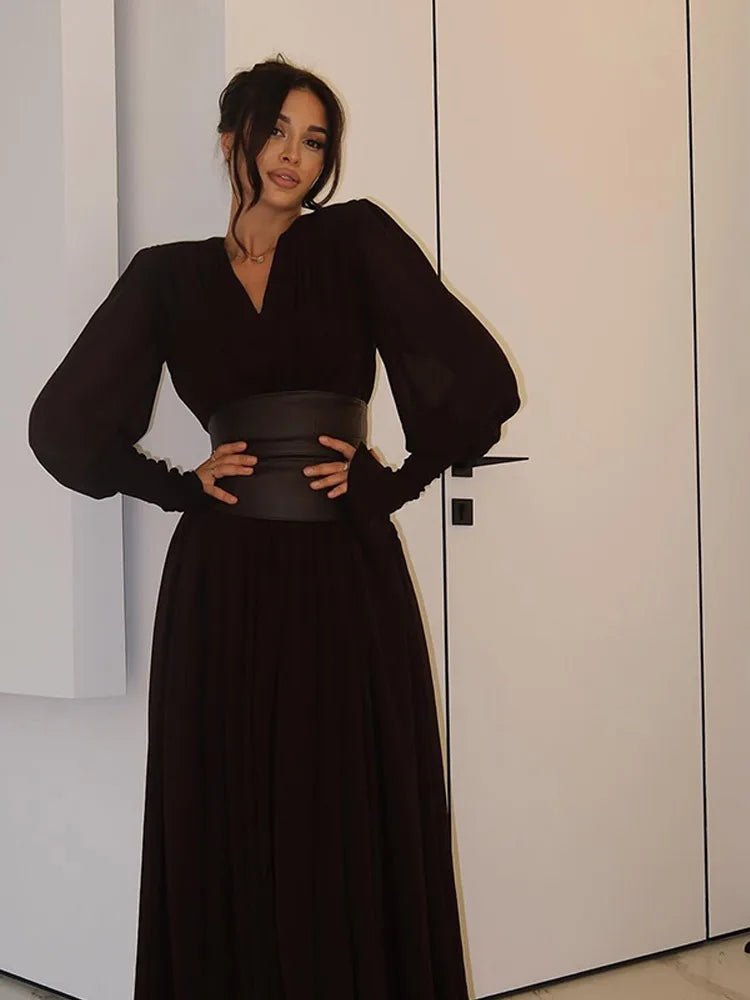 Dress With V Neck And Side Slit Long Sleeves Retro Elegant Autumn Party Style For All Occasions - SN Wigs & More