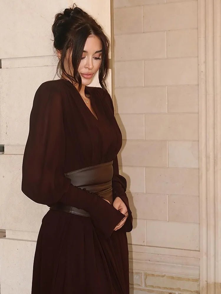 Dress With V Neck And Side Slit Long Sleeves Retro Elegant Autumn Party Style For All Occasions - SN Wigs & More