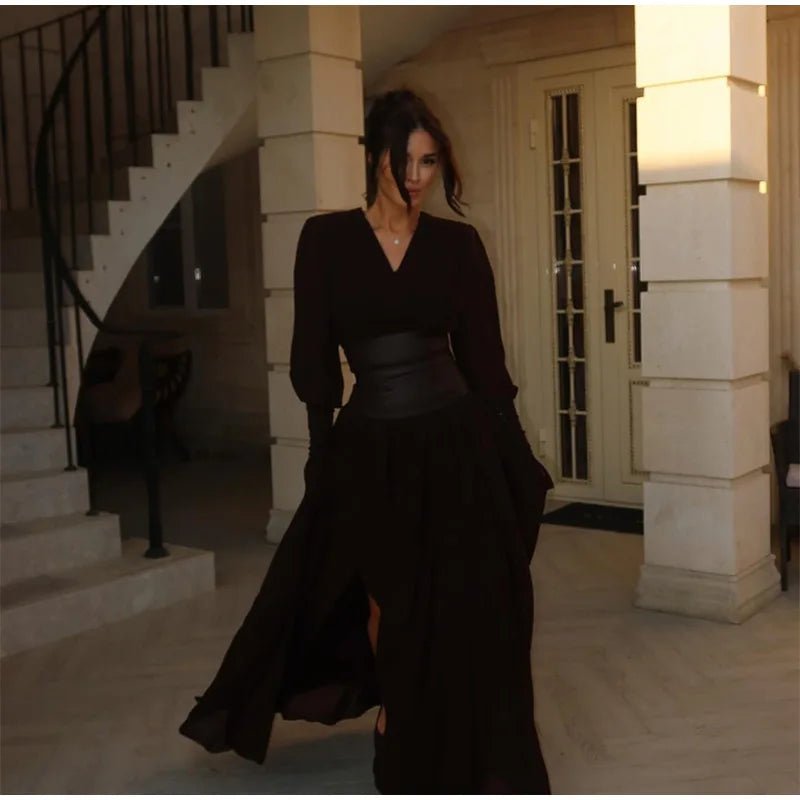 Dress With V Neck And Side Slit Long Sleeves Retro Elegant Autumn Party Style For All Occasions - SN Wigs & More