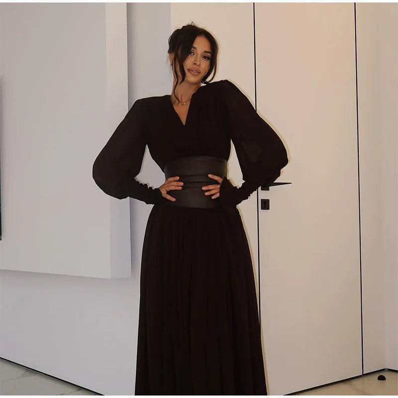 Dress With V Neck And Side Slit Long Sleeves Retro Elegant Autumn Party Style For All Occasions - SN Wigs & More
