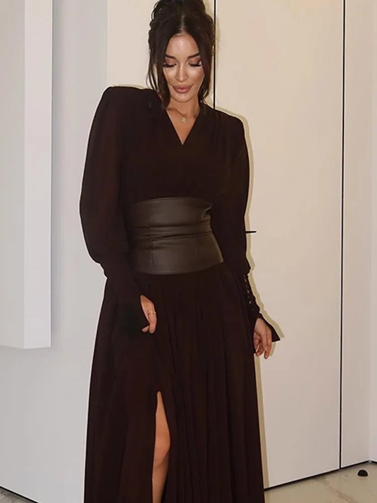 Dress With V Neck And Side Slit Long Sleeves Retro Elegant Autumn Party Style For All Occasions - SN Wigs & More