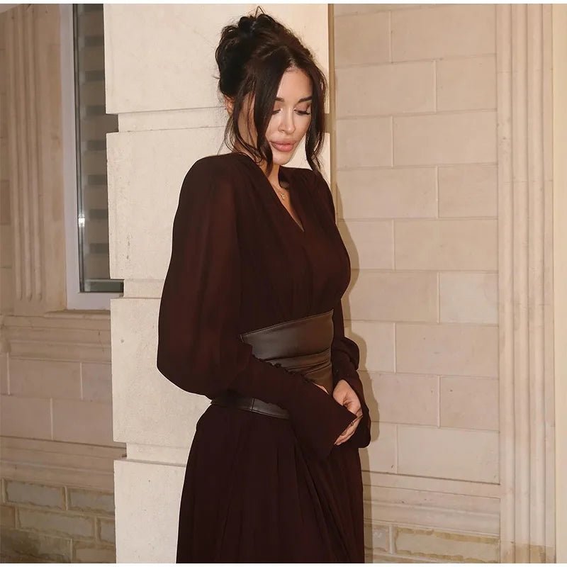 Dress With V Neck And Side Slit Long Sleeves Retro Elegant Autumn Party Style For All Occasions - SN Wigs & More