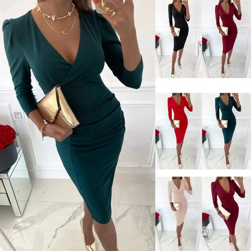 Dresses For Women Autumn Winter Solid Color Long Sleeve V Neck Knee Business Length Dress For Women 2024 Wedding Guest vestidos