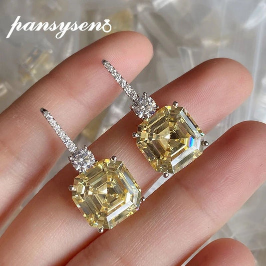 Drop Earrings Asscher Cut Citrine And Moissanite In Sterling Silver Elegant Wedding Jewelry - SN Wigs & More