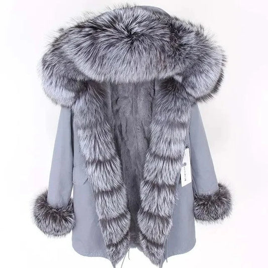 Drop Ship Maomaokong Real Fur Jacket Natural Rabbit Fur Lined Long Parka Fur Coat