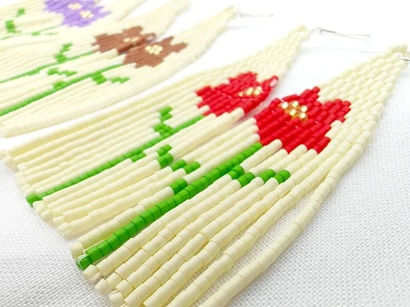 Drop Shipping Dropshipping Boho Seed Bead Earrings Red Flowers Tassel Seed Beads Girl Fine Earring Jewelry Women