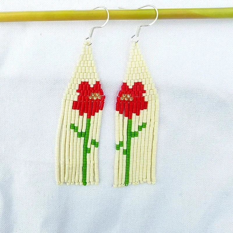 Drop Shipping Dropshipping Boho Seed Bead Earrings Red Flowers Tassel Seed Beads Girl Fine Earring Jewelry Women