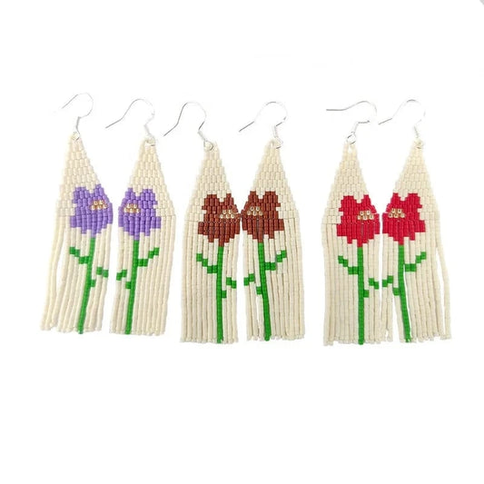 Drop Shipping Dropshipping Boho Seed Bead Earrings Red Flowers Tassel Seed Beads Girl Fine Earring Jewelry Women