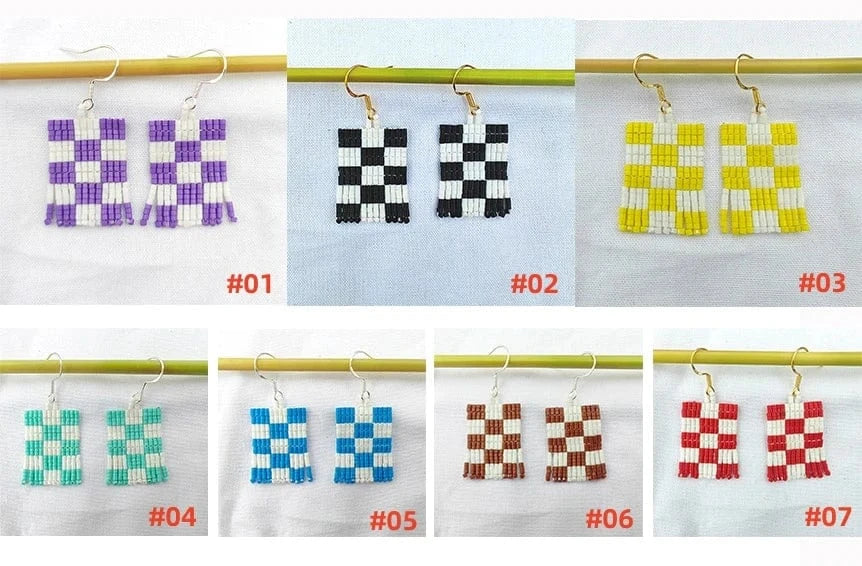 Drop Shipping Fashion Retro Checkerboard Earrings Handmade Seedbeads Fringe Ear Rings Jewelry Women