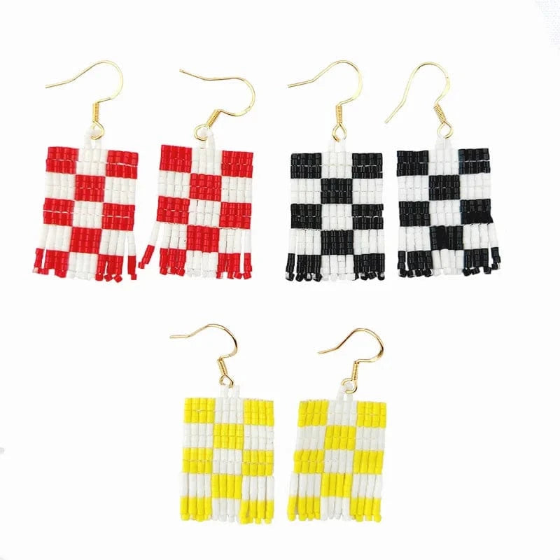 Drop Shipping Fashion Retro Checkerboard Earrings Handmade Seedbeads Fringe Ear Rings Jewelry Women