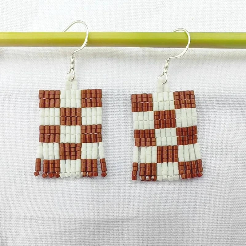 Drop Shipping Fashion Retro Checkerboard Earrings Handmade Seedbeads Fringe Ear Rings Jewelry Women