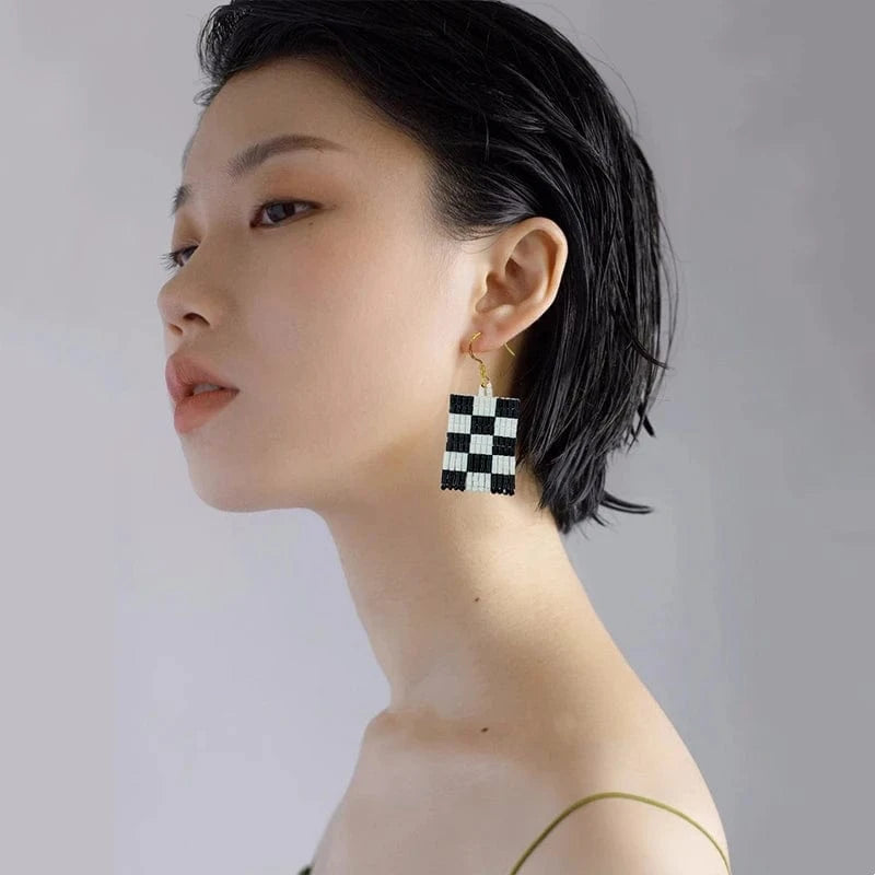 Drop Shipping Fashion Retro Checkerboard Earrings Handmade Seedbeads Fringe Ear Rings Jewelry Women