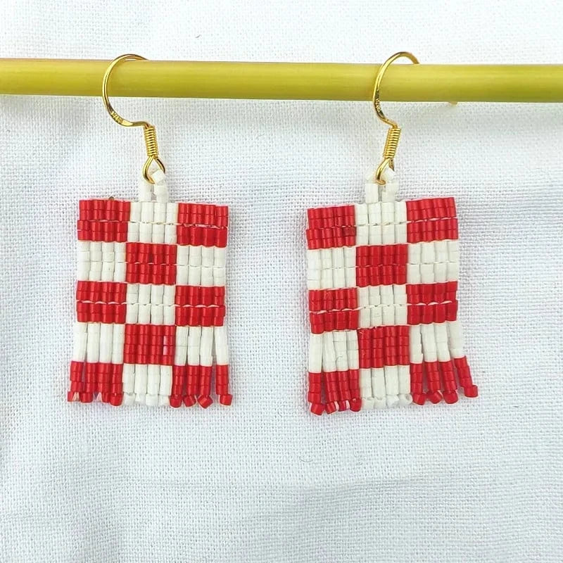 Drop Shipping Fashion Retro Checkerboard Earrings Handmade Seedbeads Fringe Ear Rings Jewelry Women