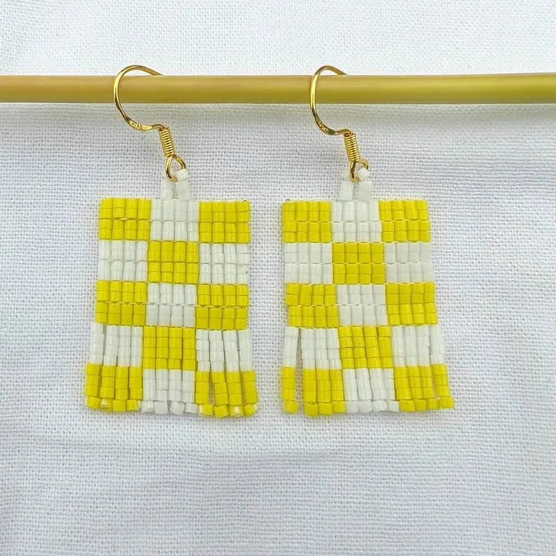 Drop Shipping Fashion Retro Checkerboard Earrings Handmade Seedbeads Fringe Ear Rings Jewelry Women