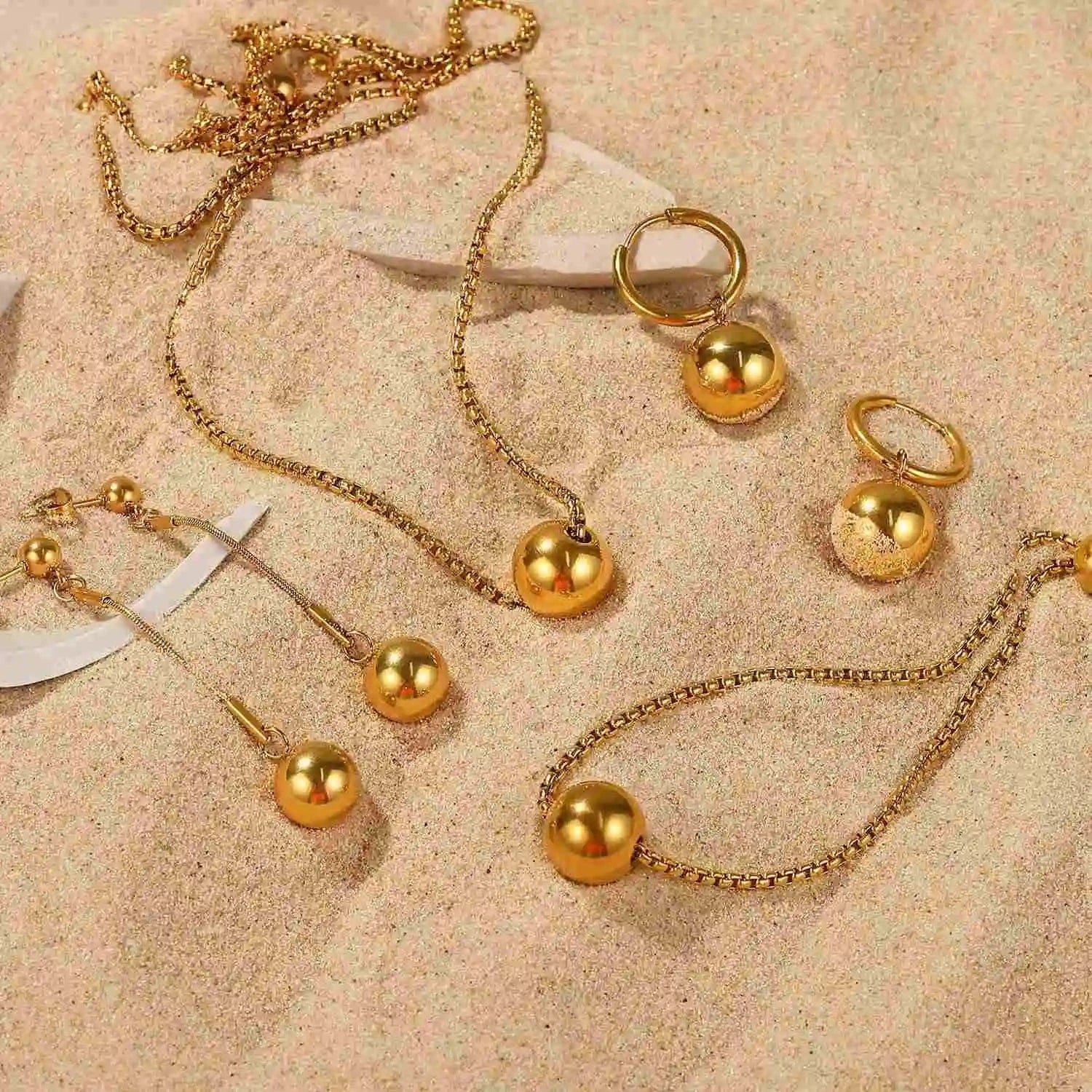 Drop Shipping Ins Ball Pendant Ring Earrings Necklace Stainless Steel Gold Plated Jewelry Accessories Set For Women