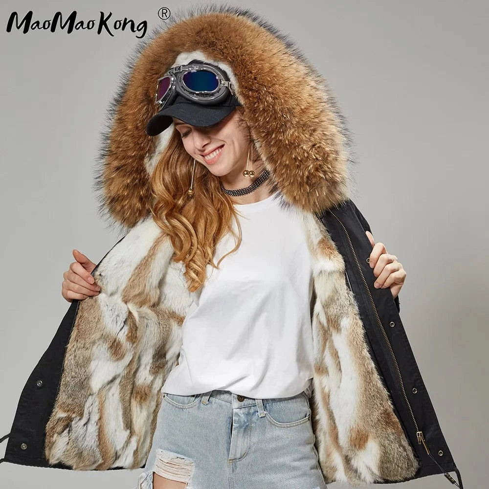 Drop Shipping Maomaokong Oversize Raccoon Fur Hood Short Parka Rabbit Fur Lined Winter Jacket Coat with Fur