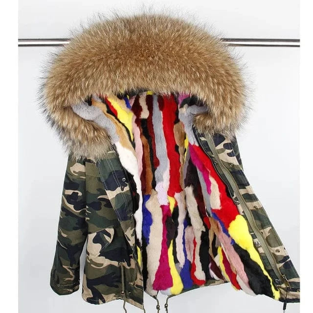 Drop Shipping Maomaokong Oversize Raccoon Fur Hood Short Parka Rabbit Fur Lined Winter Jacket Coat with Fur