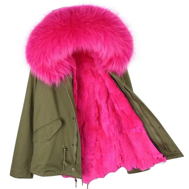 Drop Shipping Maomaokong Oversize Raccoon Fur Hood Short Parka Rabbit Fur Lined Winter Jacket Coat with Fur
