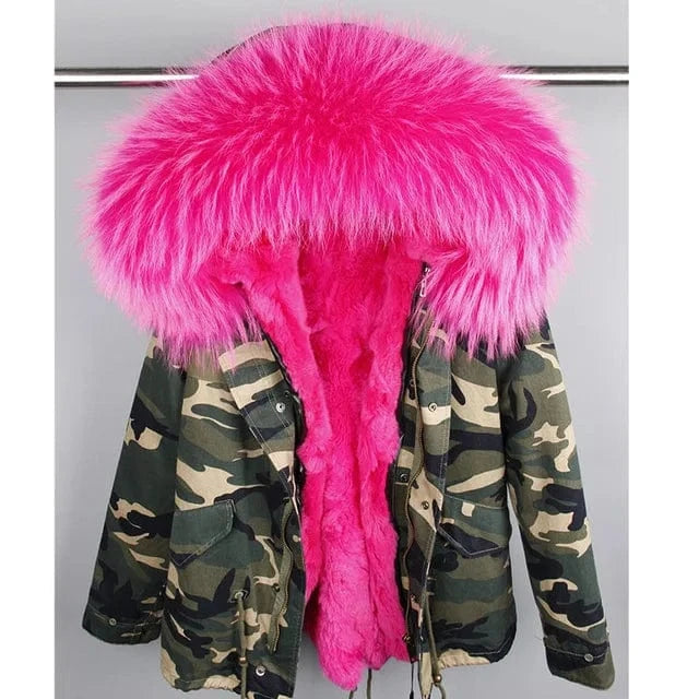 Drop Shipping Maomaokong Oversize Raccoon Fur Hood Short Parka Rabbit Fur Lined Winter Jacket Coat with Fur
