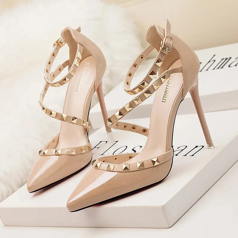 Drop shipping Sexy nightclub stiletto women high heels shallow mouth pointed rivet hollow sandals