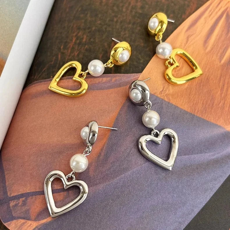 Drop shopping alloy 925 sterling silver needle glitter stud earrings korean beaded earrings gold  Imitation pearl heart earring