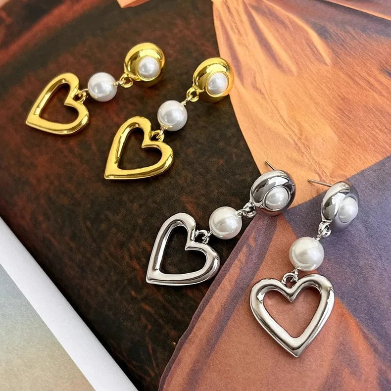 Drop shopping alloy 925 sterling silver needle glitter stud earrings korean beaded earrings gold  Imitation pearl heart earring