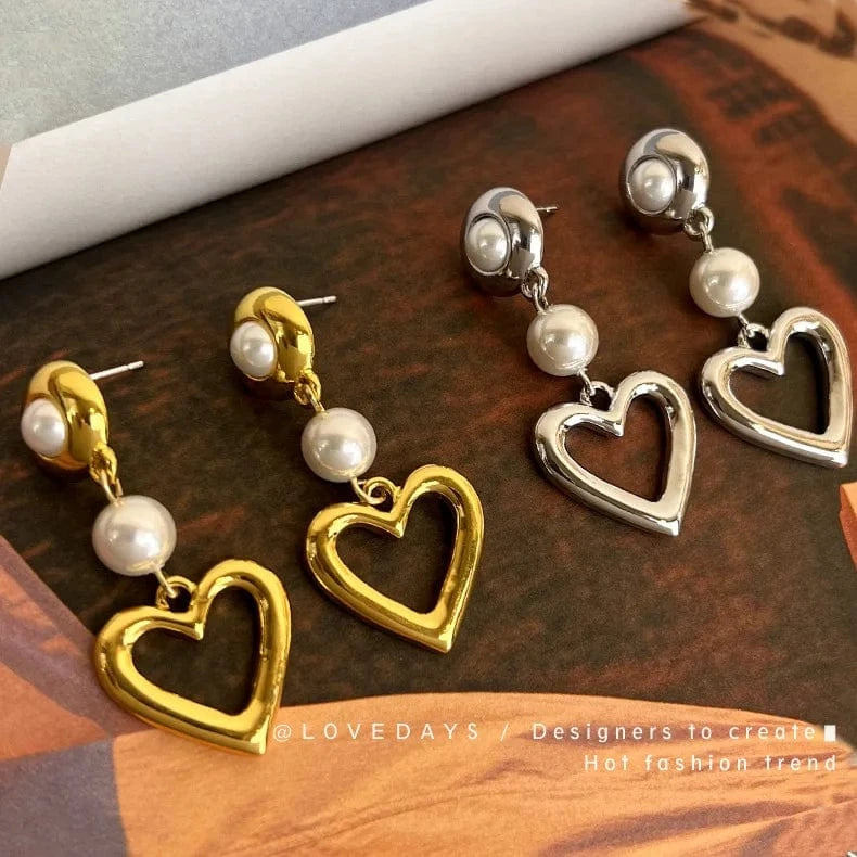 Drop shopping alloy 925 sterling silver needle glitter stud earrings korean beaded earrings gold  Imitation pearl heart earring