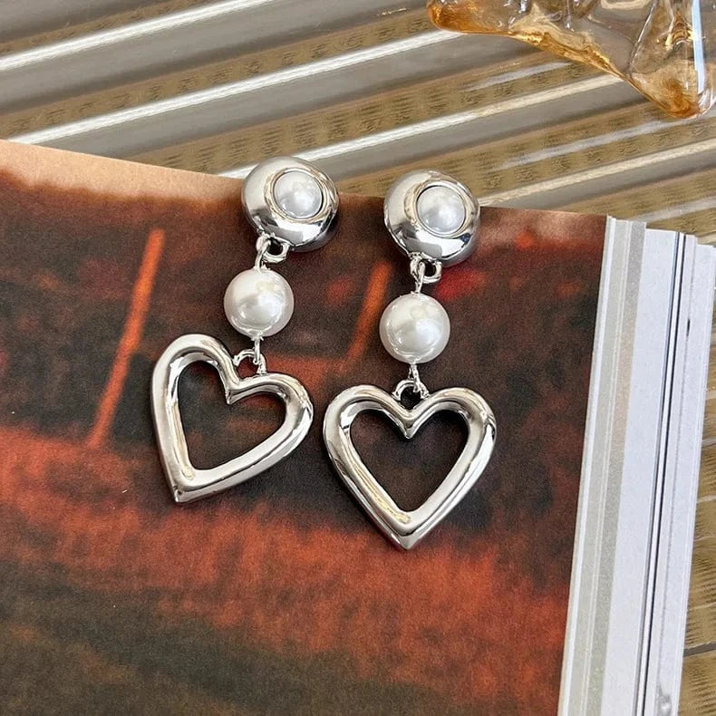 Drop shopping alloy 925 sterling silver needle glitter stud earrings korean beaded earrings gold  Imitation pearl heart earring