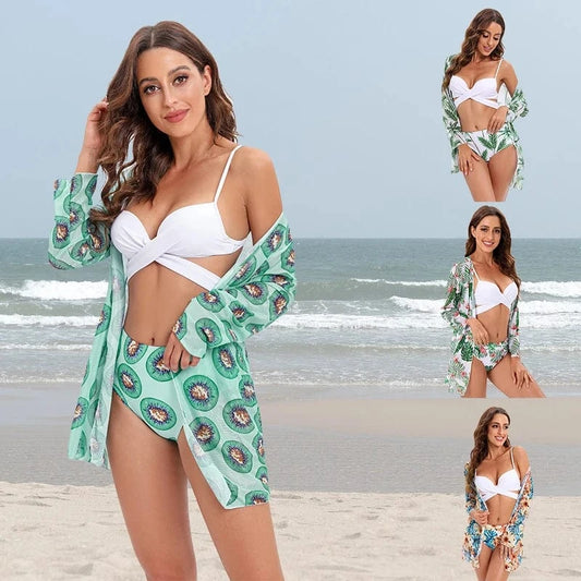 Dropshipping bikini 3 piece set long sleeve mesh beach cover up high waist swimsuit tropical printed Bikinis Swimwear