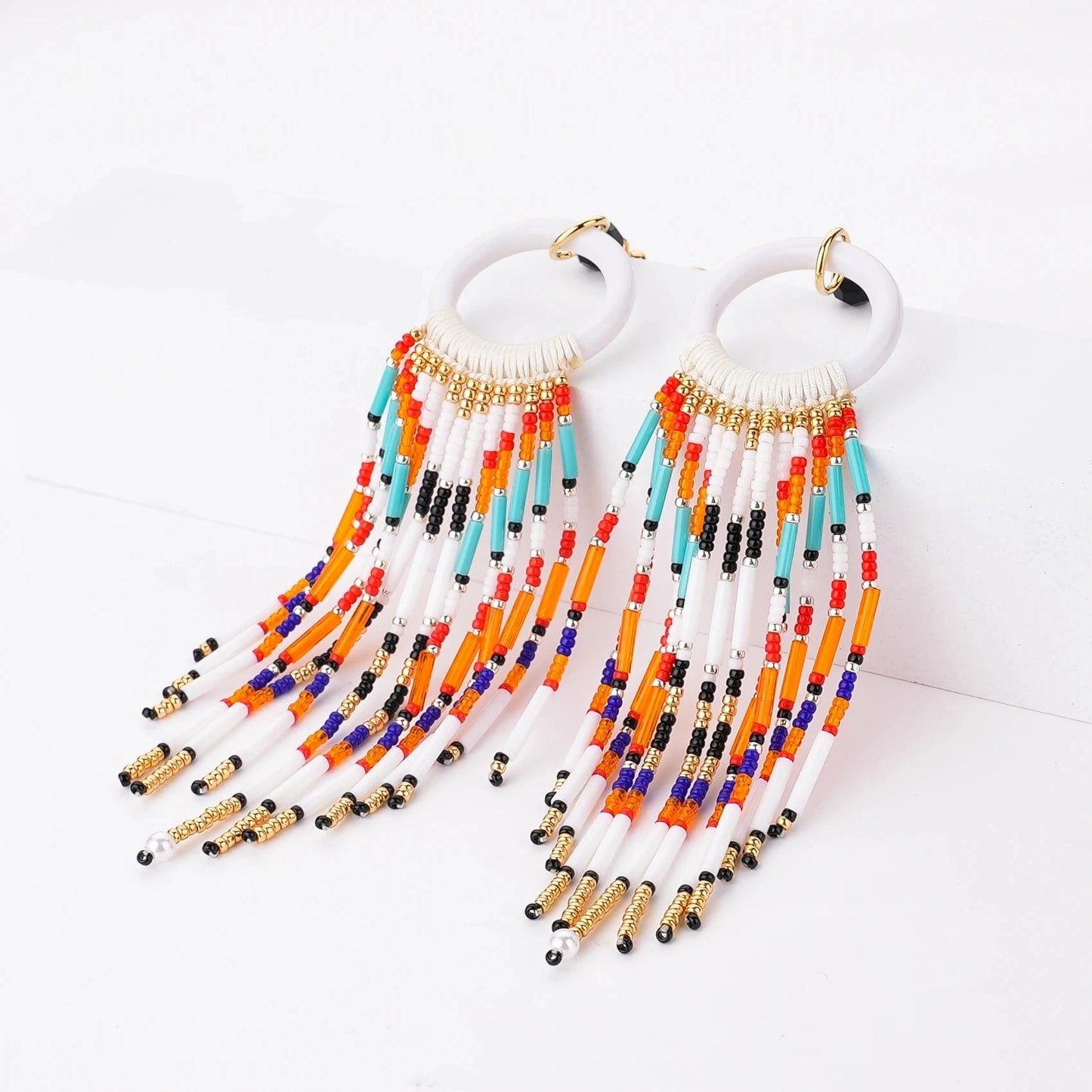 Dropshipping Boho Statement Handmade Beaded Tassel Seed Bead Earrings  Beaded Fringe Dangle Drop Earrings for Women