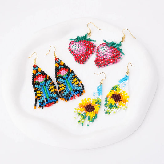 Dropshipping Boho Statement Handmade Beaded Tassel Seed Bead Earrings  Beaded Fringe Dangle Drop Earrings for Women