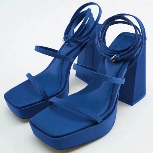 Dropshipping Custom Logo 2022 Summer New Women's Leather High Heels Sandals Fashion Designer Block Heel Sandals Big Size 11