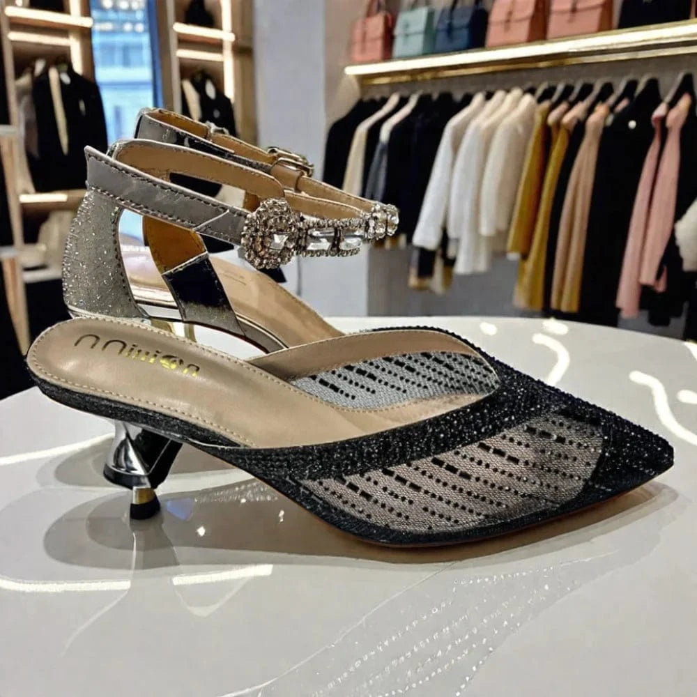 Dropshipping Custom Logo 2024 New Women's Fashionable Black Mesh Stiletto Heeled Sandals Sexy Pointed Toe High Heels Shoes