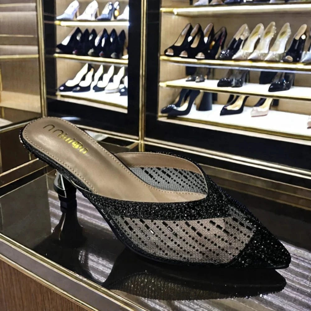 Dropshipping Custom Logo 2024 New Women's Fashionable Black Mesh Stiletto Heeled Sandals Sexy Pointed Toe High Heels Shoes