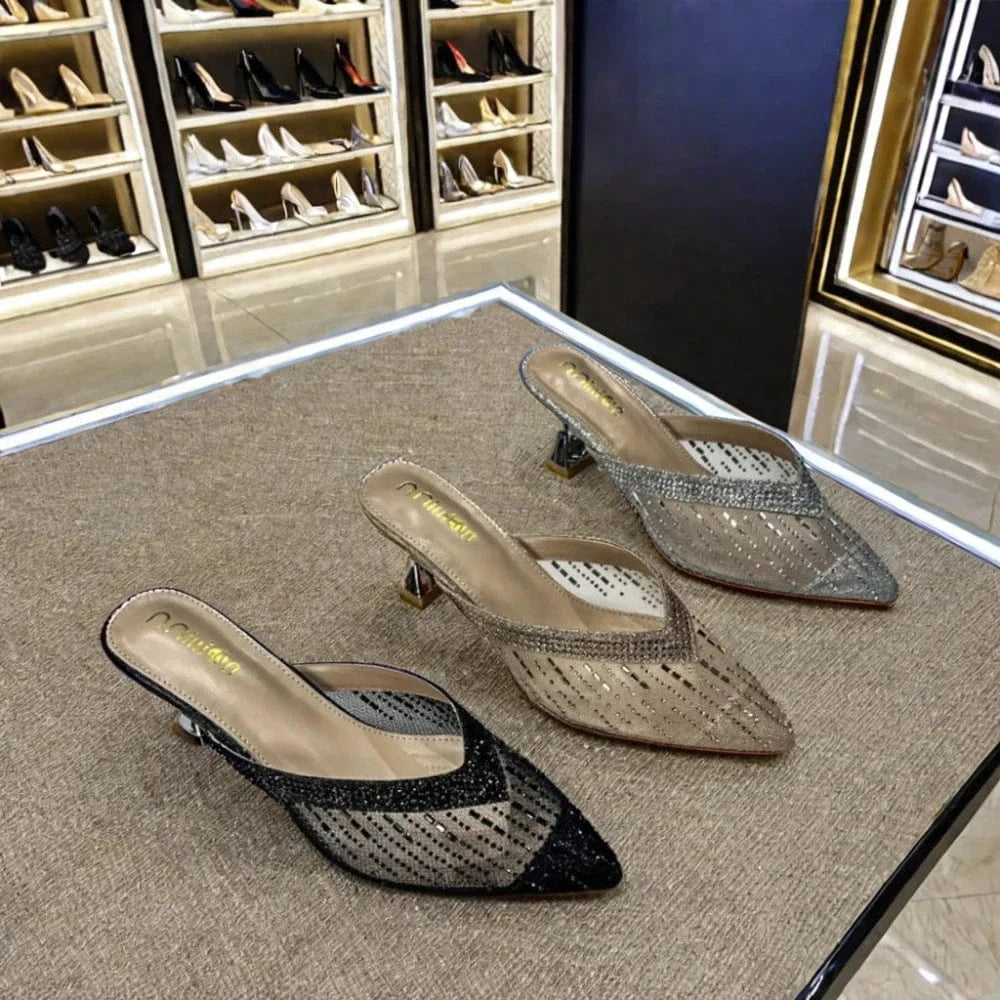 Dropshipping Custom Logo 2024 New Women's Fashionable Black Mesh Stiletto Heeled Sandals Sexy Pointed Toe High Heels Shoes