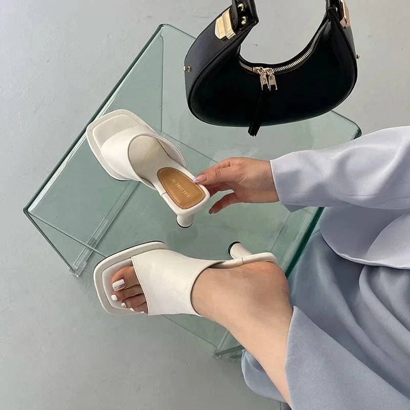 Dropshipping Custom Logo Blue High-Heeled Slides Women Shoes Open Toe Square Stiletto Sandals for Summer