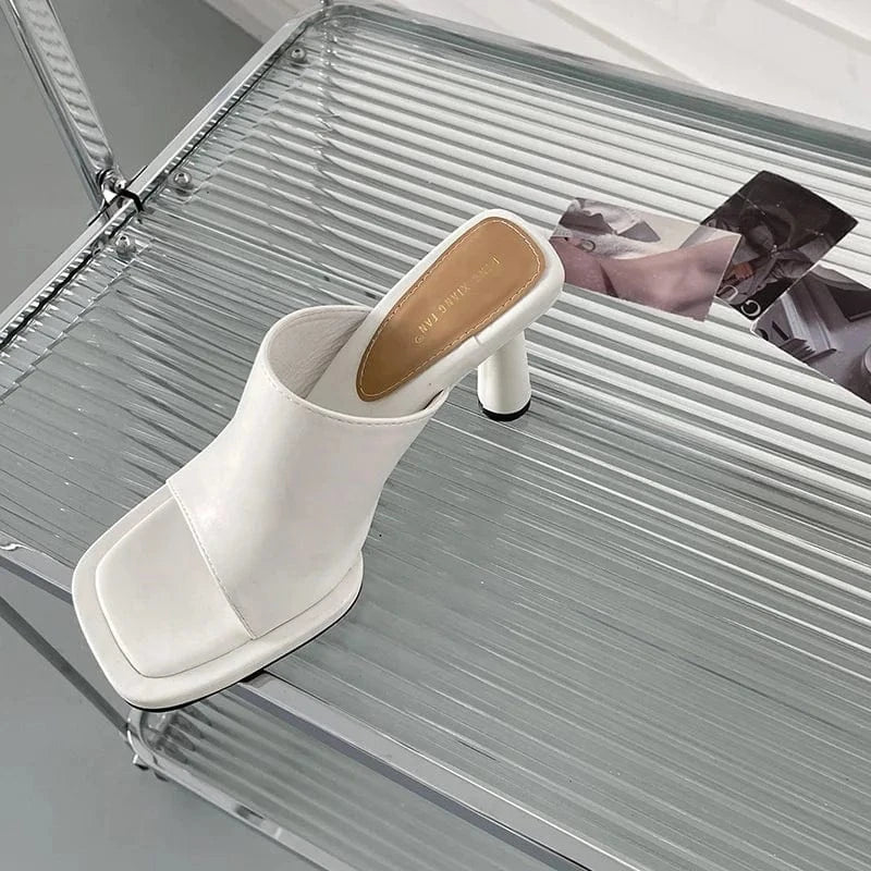 Dropshipping Custom Logo Blue High-Heeled Slides Women Shoes Open Toe Square Stiletto Sandals for Summer