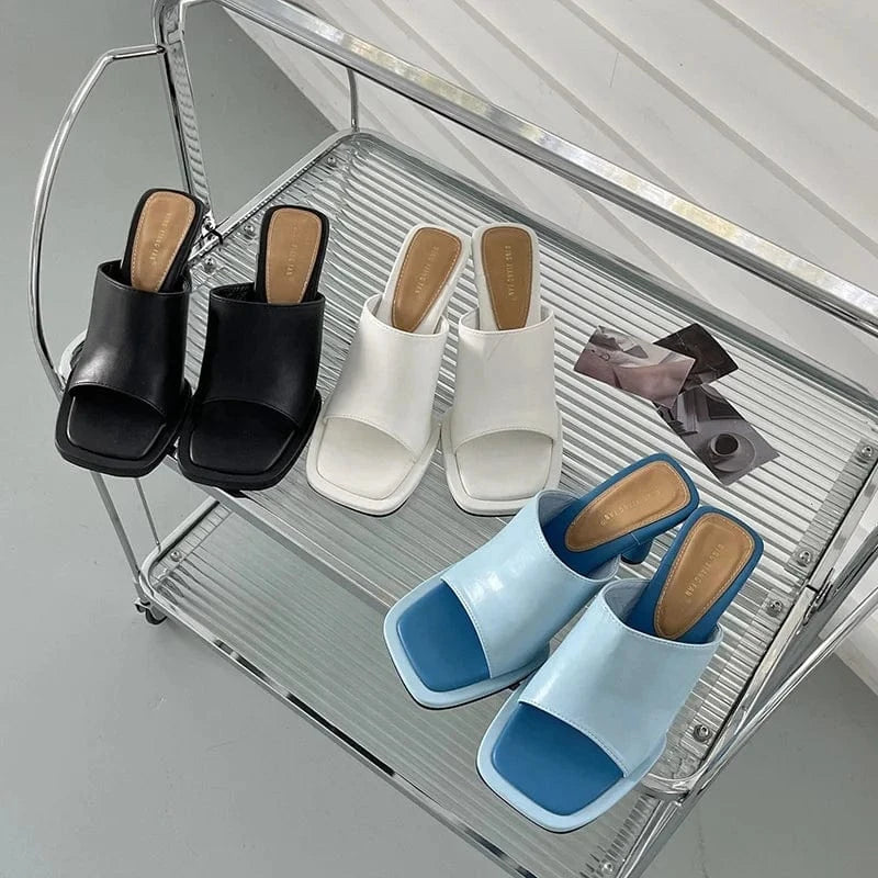 Dropshipping Custom Logo Blue High-Heeled Slides Women Shoes Open Toe Square Stiletto Sandals for Summer