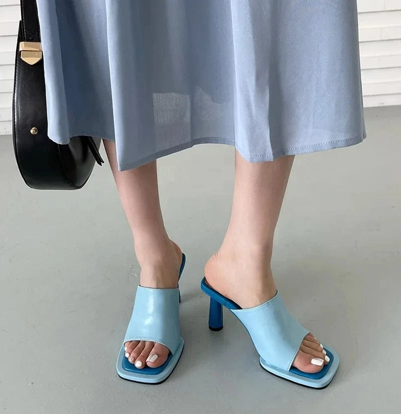Dropshipping Custom Logo Blue High-Heeled Slides Women Shoes Open Toe Square Stiletto Sandals for Summer