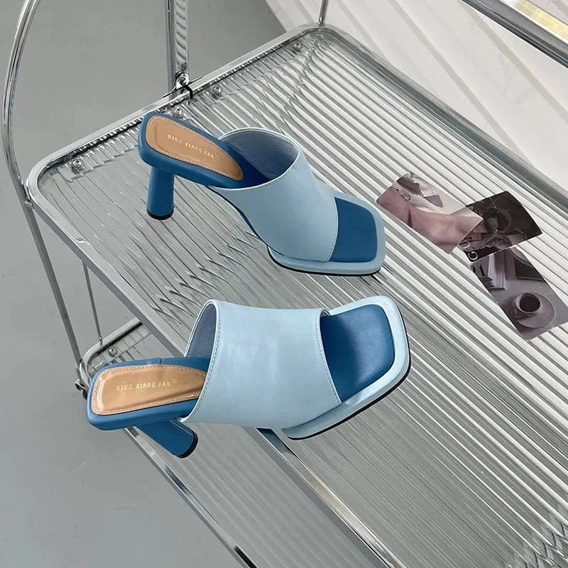 Dropshipping Custom Logo Blue High-Heeled Slides Women Shoes Open Toe Square Stiletto Sandals for Summer