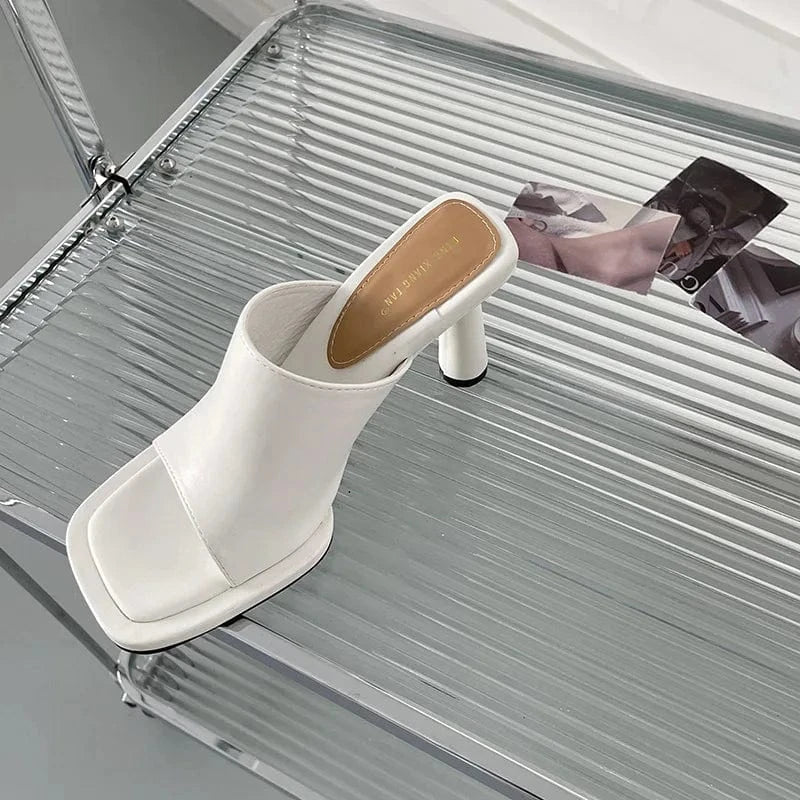 Dropshipping Custom Logo Blue High-Heeled Slides Women Shoes Open Toe Square Stiletto Sandals for Summer