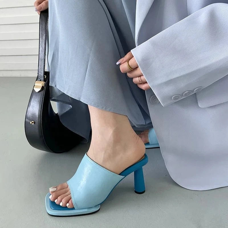 Dropshipping Custom Logo Blue High-Heeled Slides Women Shoes Open Toe Square Stiletto Sandals for Summer